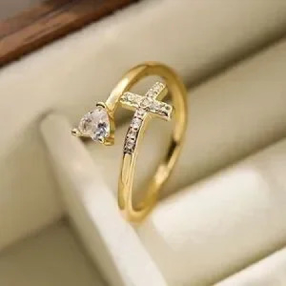 Delicate Gold Cross tiny heart Ring open adjustable